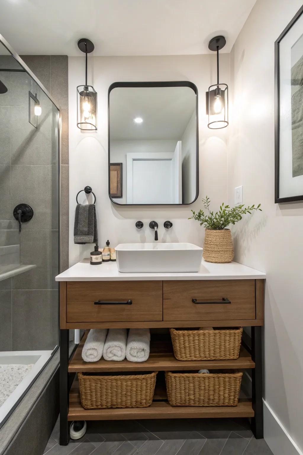 A small bathroom with a floating vanity to enhance the sense of space.