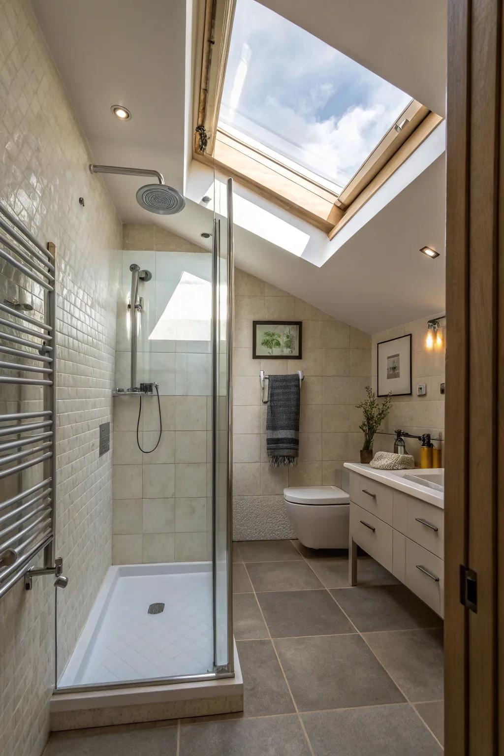 A skylight brightens up your shower with natural light.