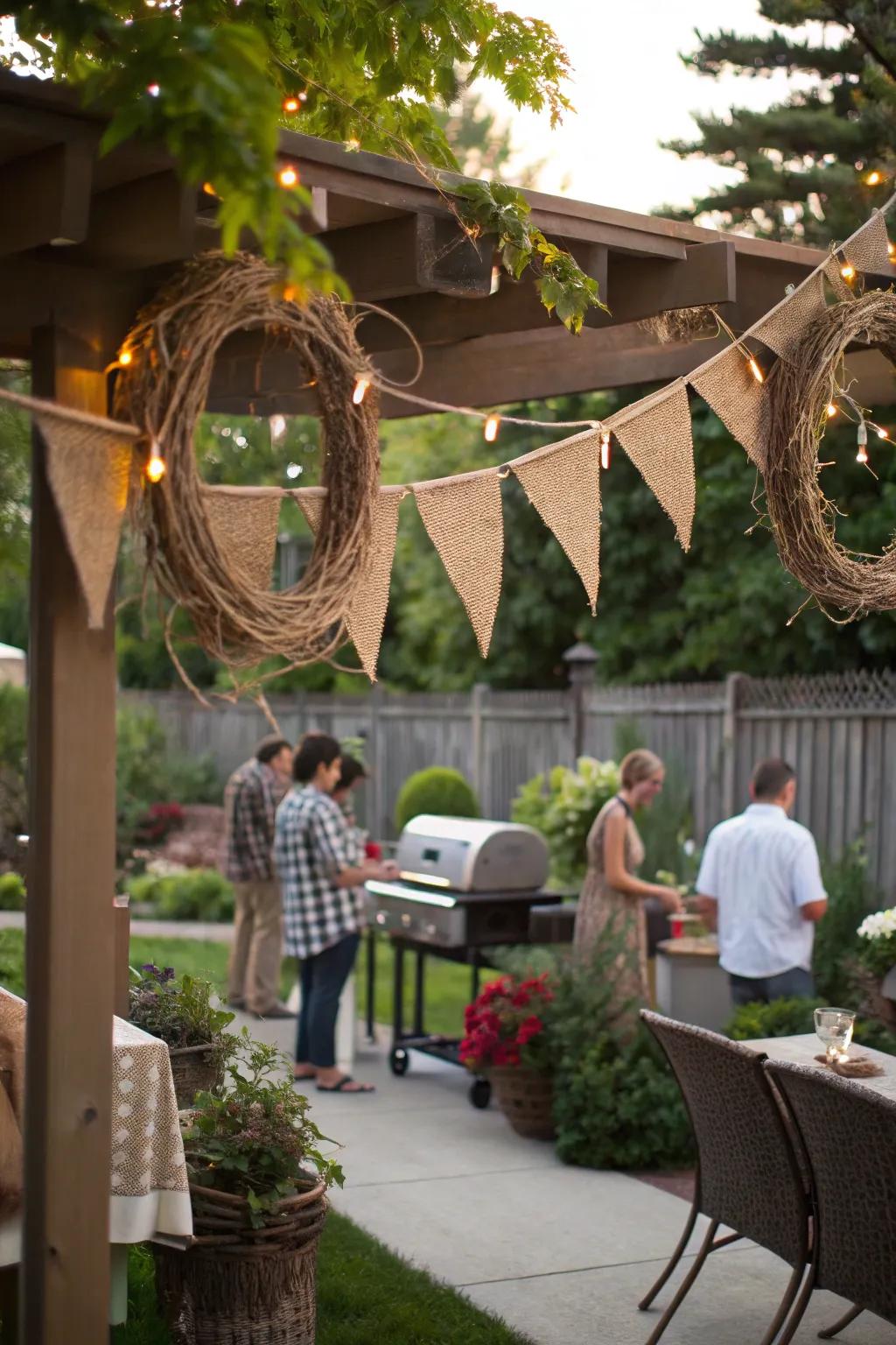 Rustic charm with twine and twig decorations.