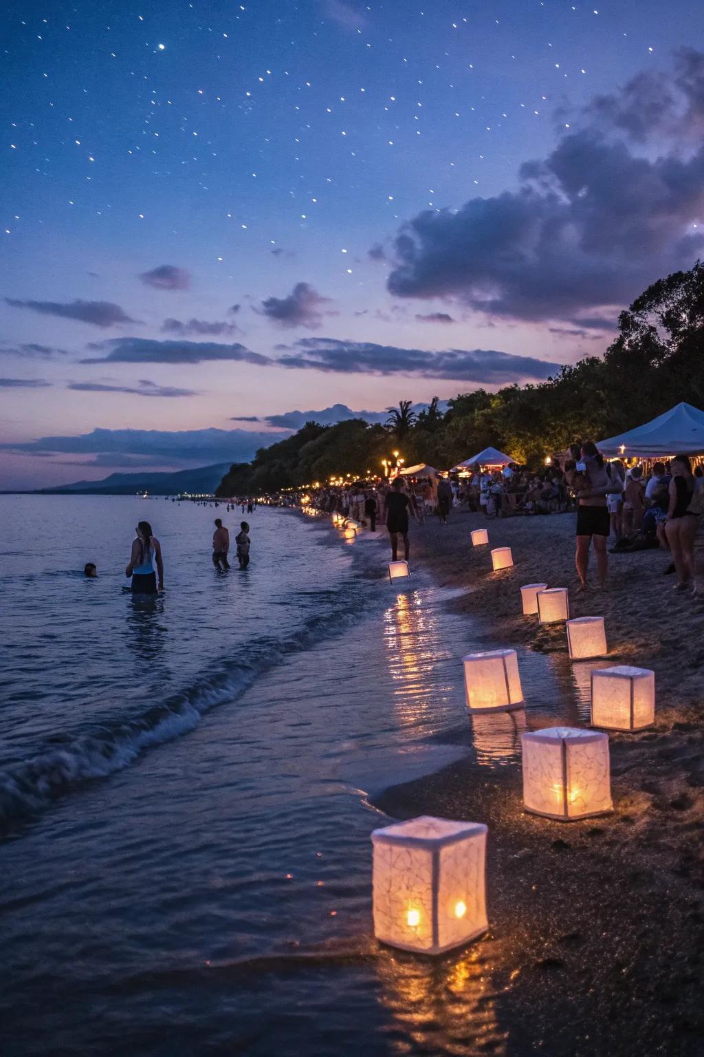 Floating lanterns providing a magical glow over the water.