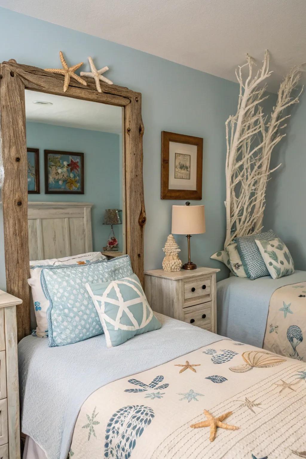 Beach-inspired decor adds subtle coastal charm.