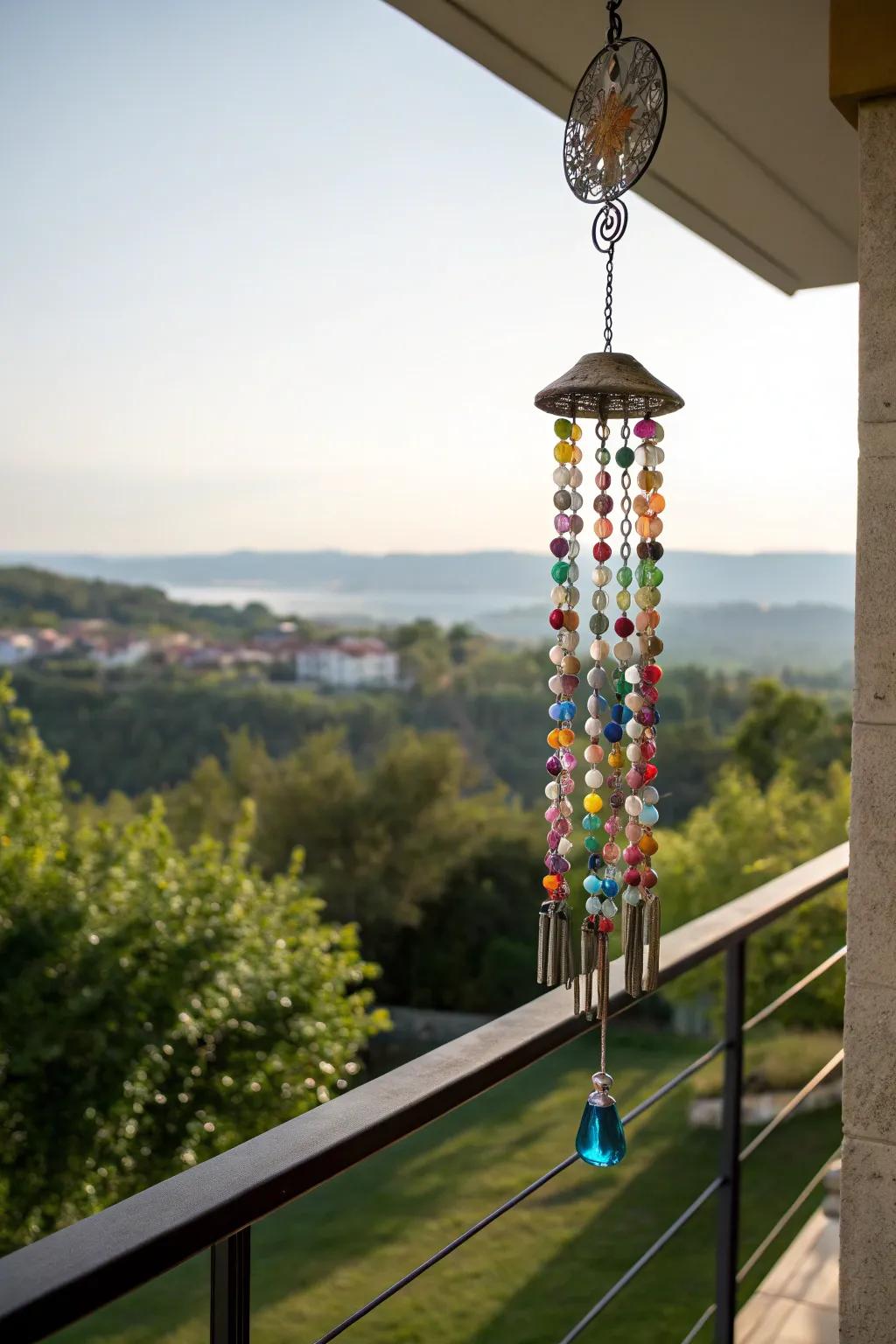 A bead wind chime creating a tranquil atmosphere on the balcony.