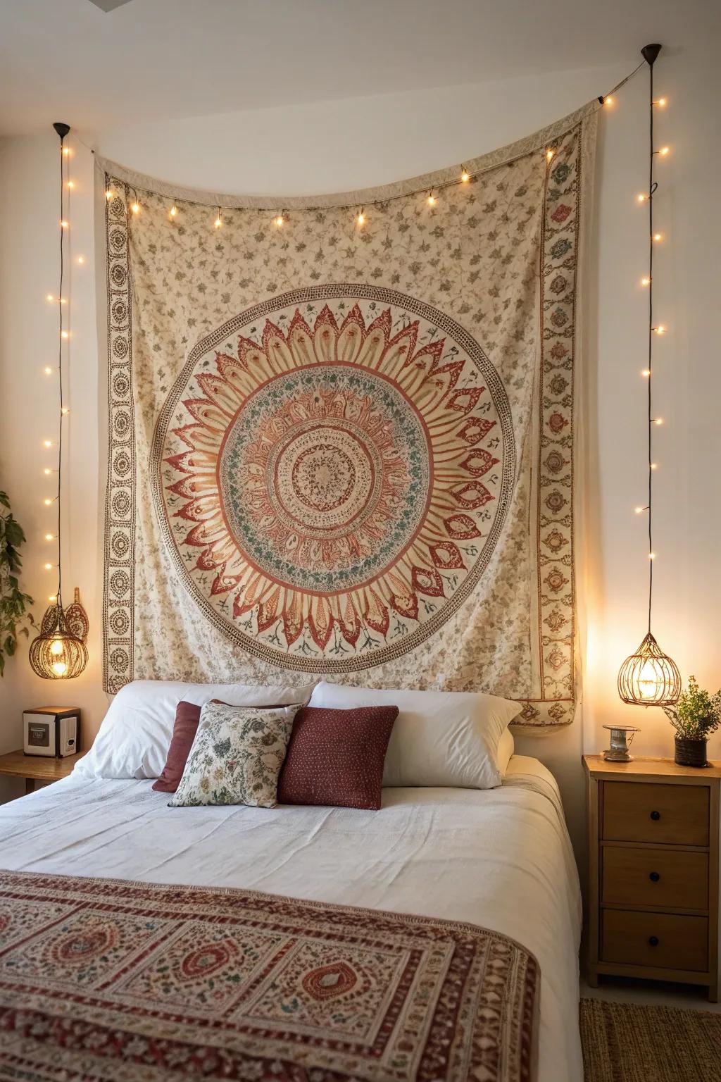 A bedroom enriched with a vintage tapestry backdrop.