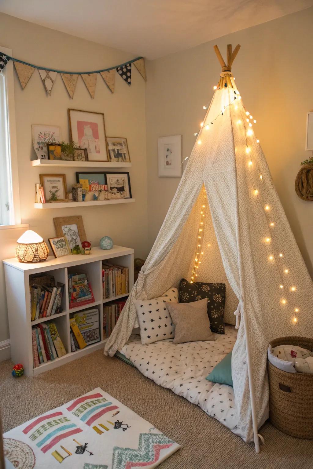 A cozy reading nook in a toddler's bedroom, featuring a small tent and cushions for storytime.