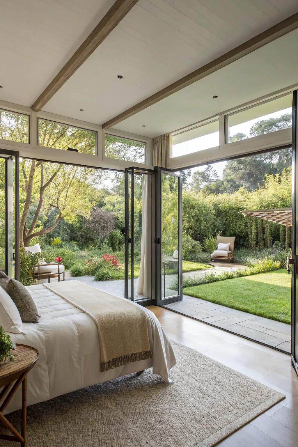 Folding glass walls maximize natural light and create an expansive, airy feel in your bedroom.