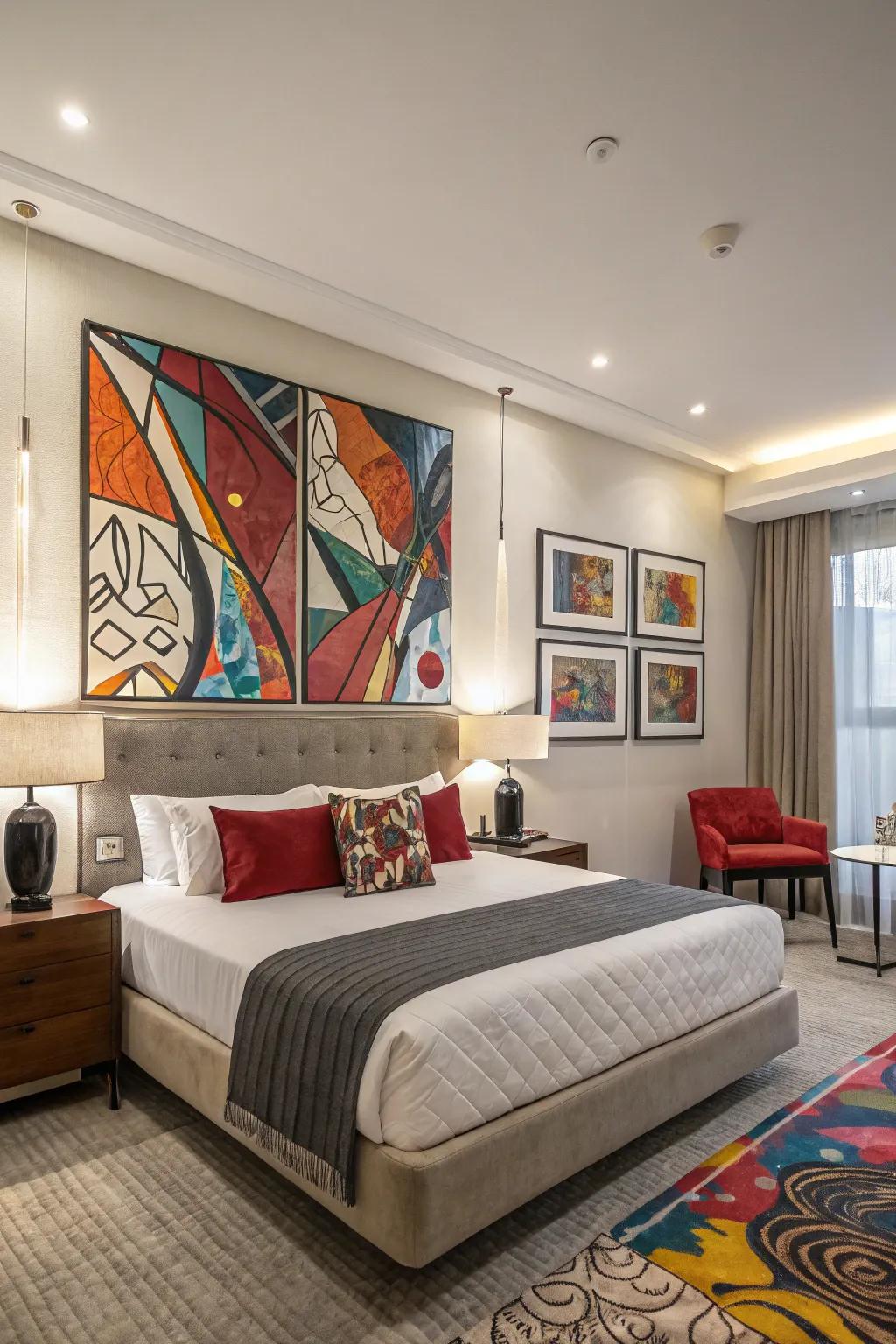 Abstract art brings a dynamic and artistic flair to any bedroom.