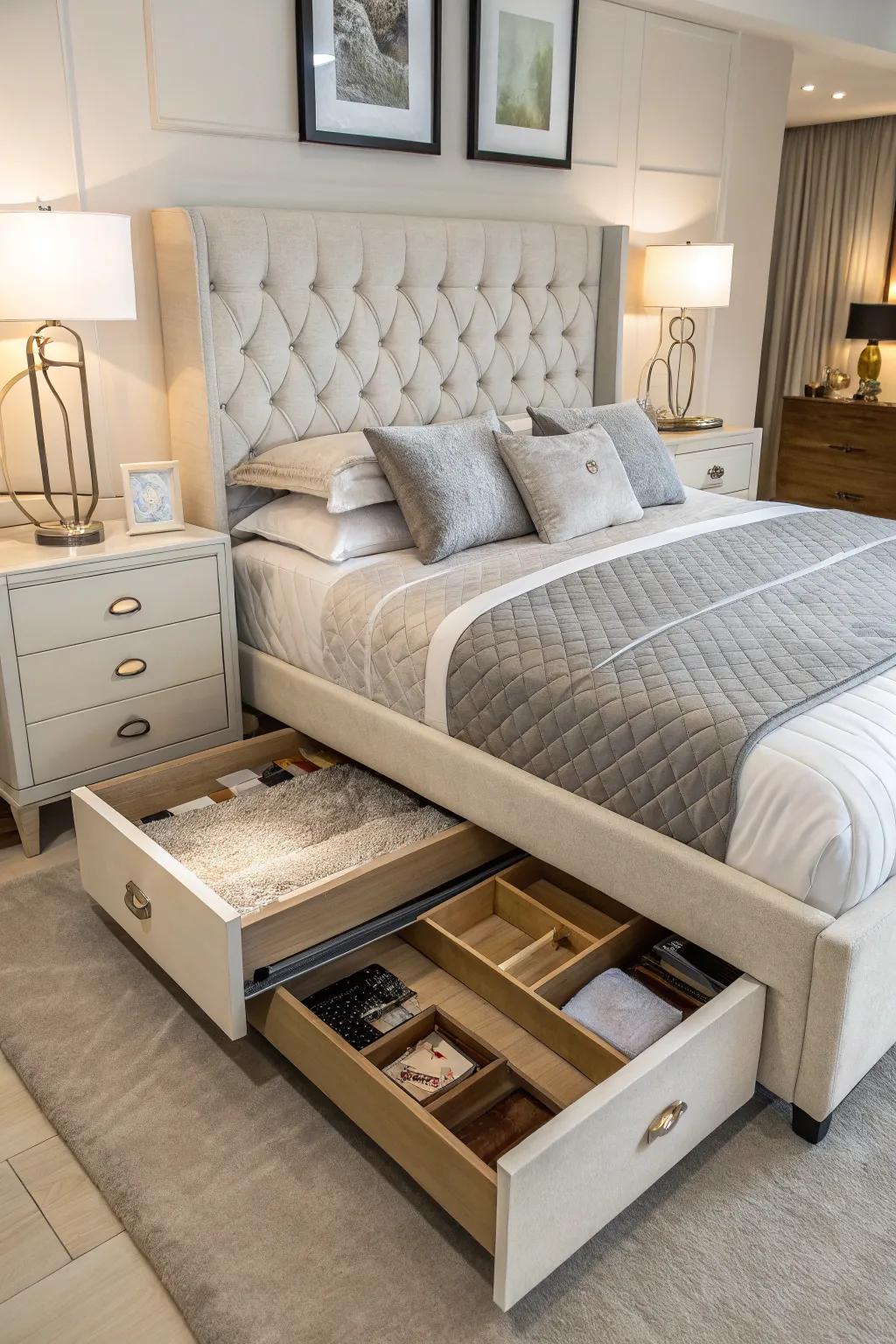 Under-bed drawers provide hidden storage for clothes and linens, maximizing space.