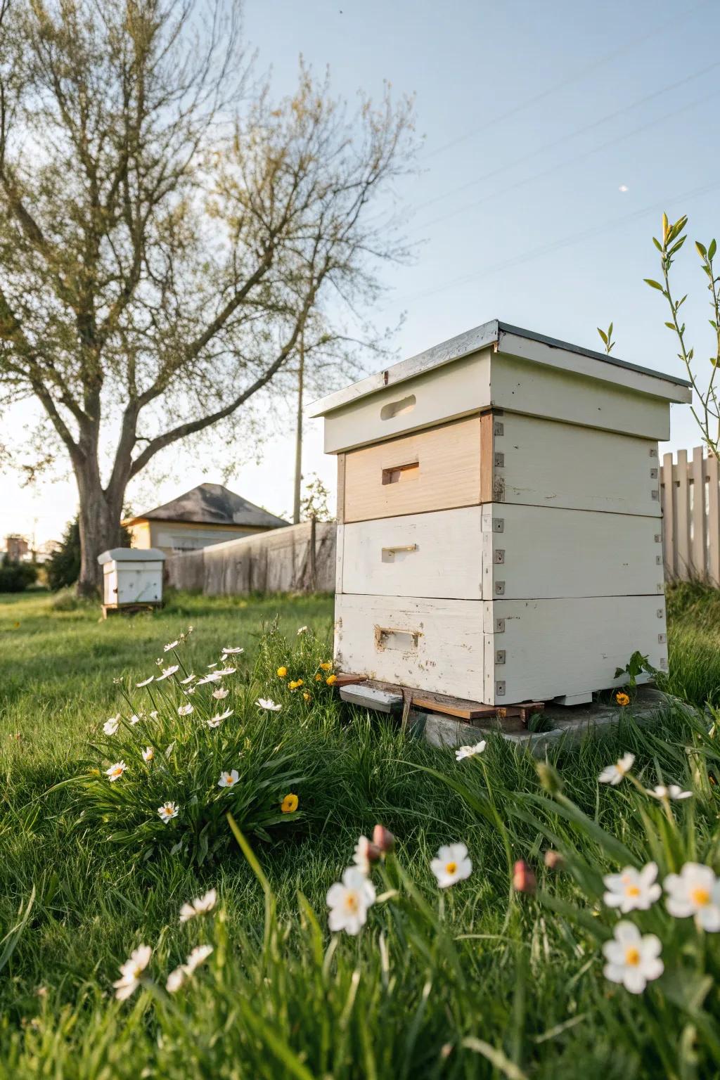 A minimalist bee hive with clean lines and neutral tones, exuding elegance.