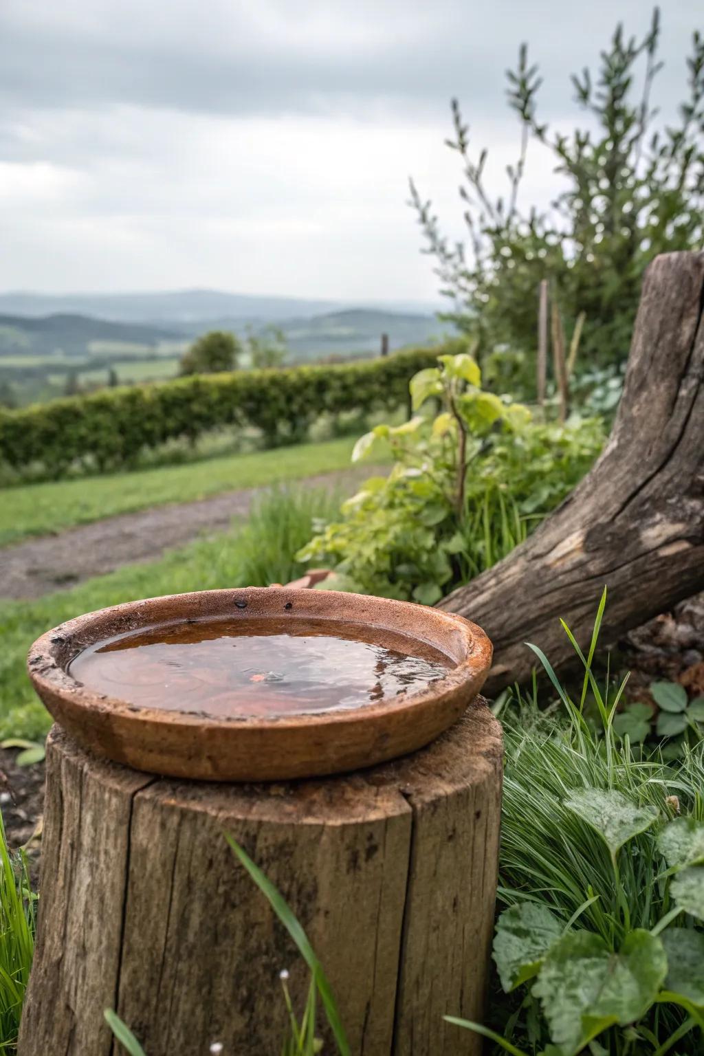 A rustic wooden log base with a bee watering station on top.