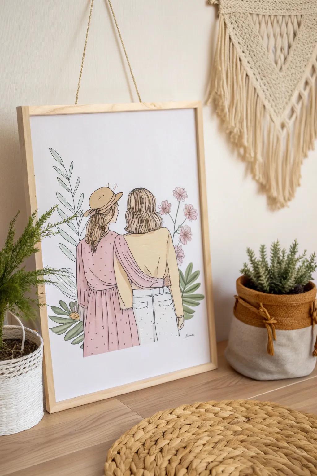 Celebrate your friendship with a unique, hand-drawn illustration that captures your bond in a minimalist, boho-inspired style.