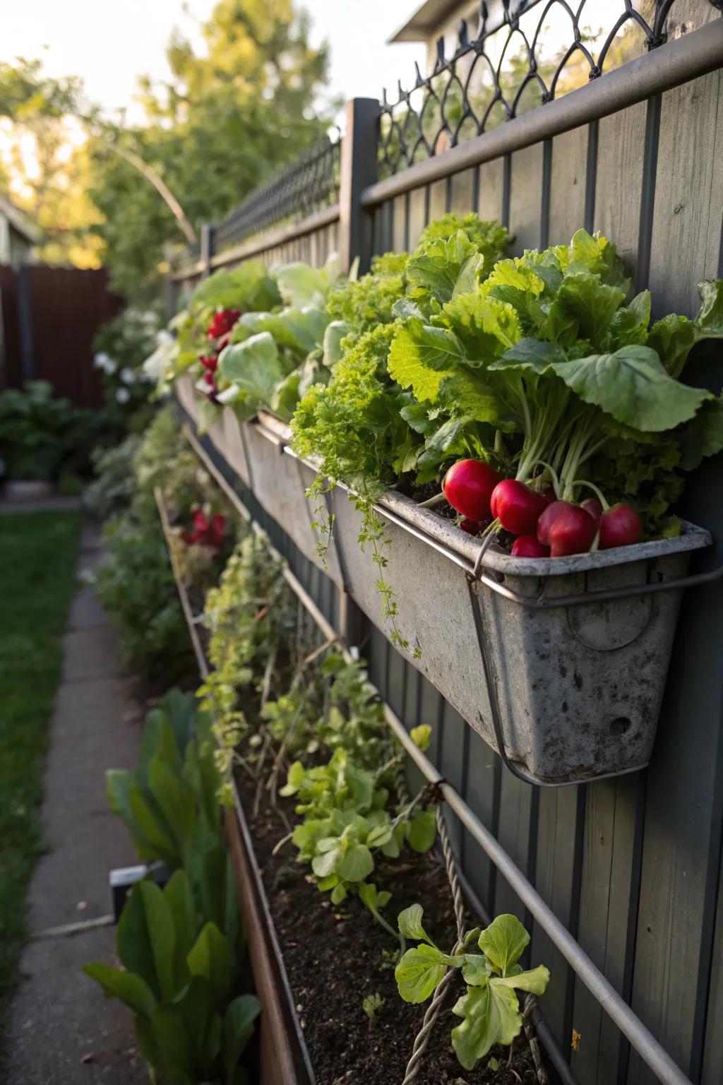 Hanging gutter gardens make efficient use of vertical space.