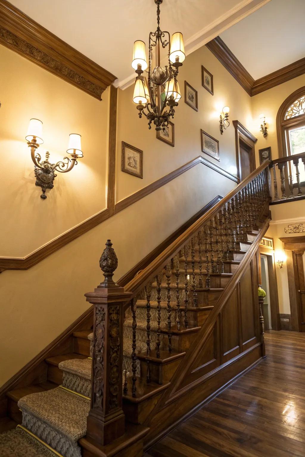 Vintage sconces add personality and nostalgia to a stairway.