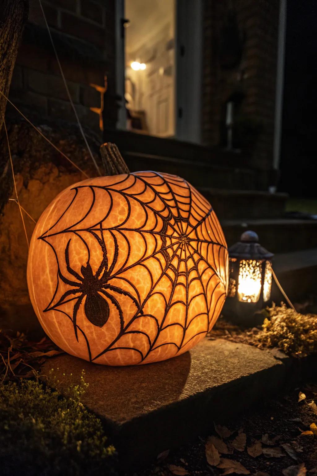 A spooky spider web pumpkin adds a touch of creepy elegance to your decor.