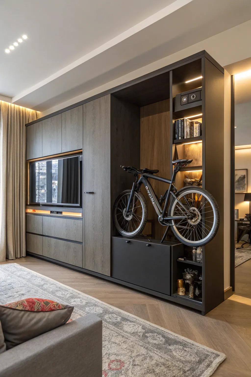 A custom cabinet offers discreet and stylish bike storage.