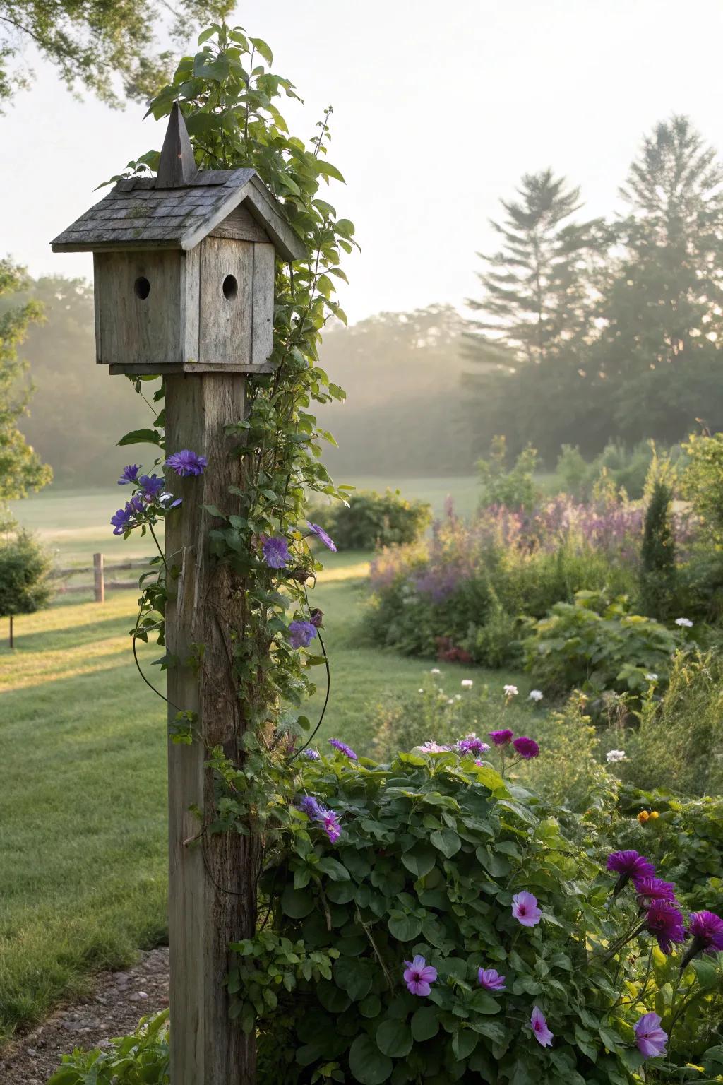 Enhance your birdhouse post with a climbing vine for extra greenery.