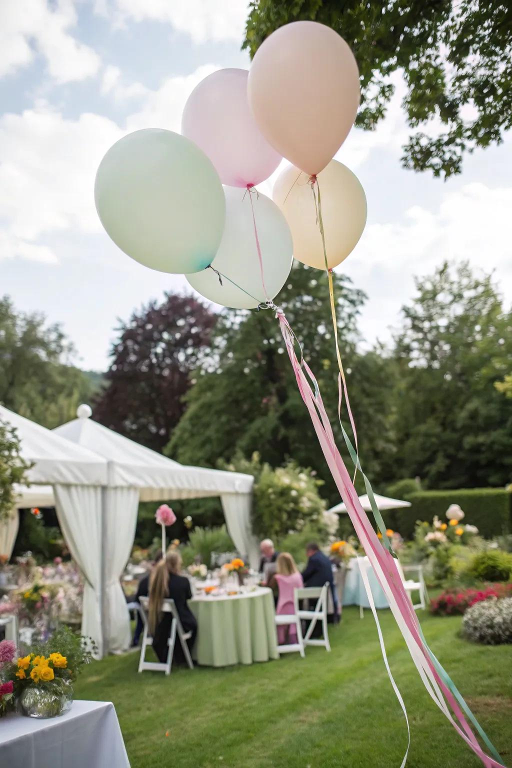 Floating balloon bouquets add a whimsical touch to an outdoor birthday celebration.