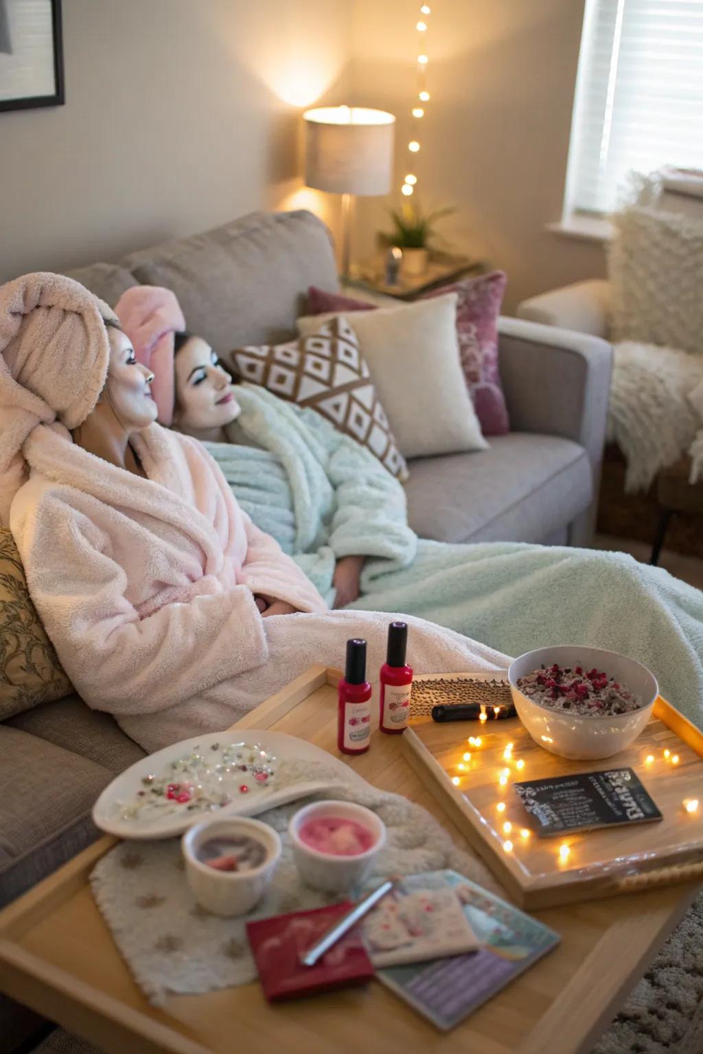 A spa day setup with DIY facial masks and nail polish.