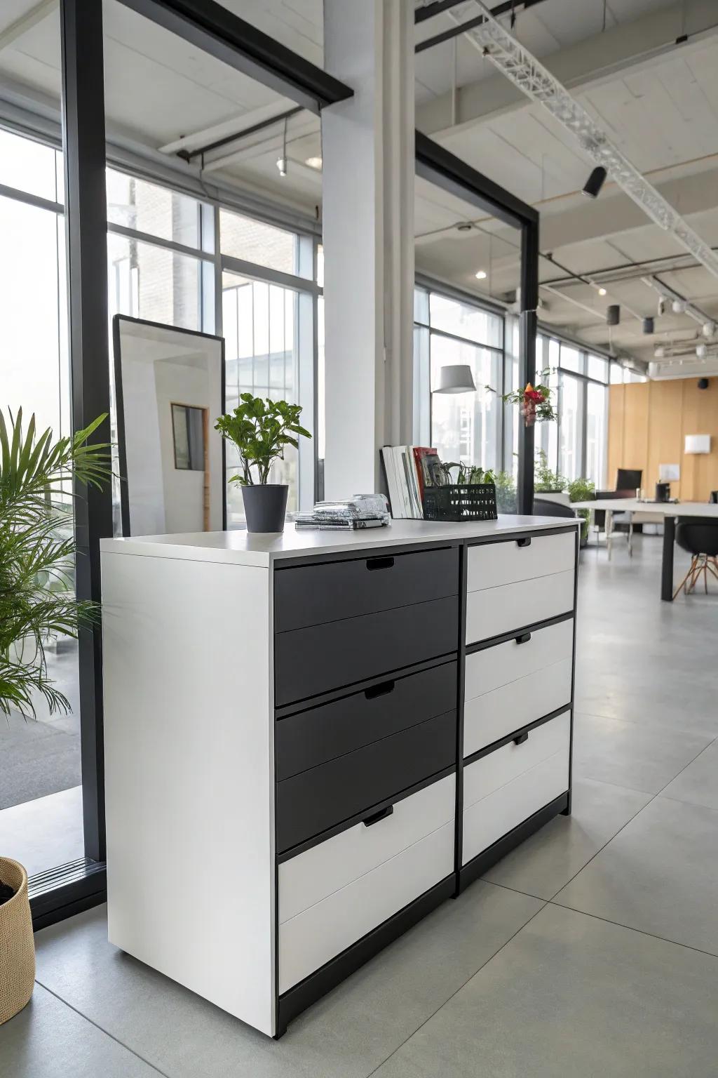 A sleek two-tone dresser with a striking contrast for a contemporary office.