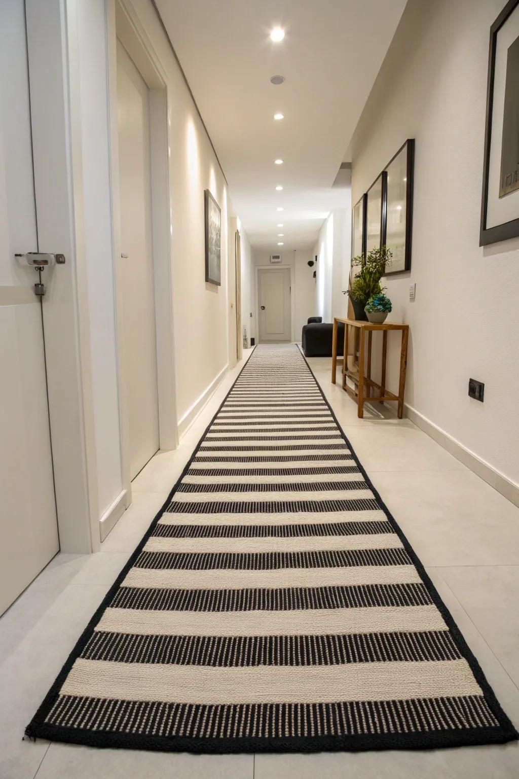 A striped rug adds playful energy to this hallway.