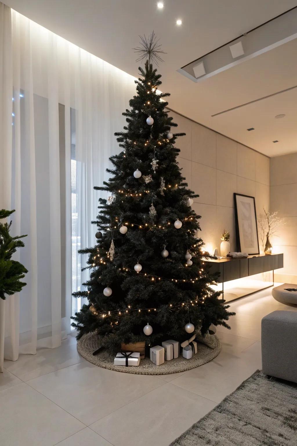 A minimalist black Christmas tree with clean lines and a modern aesthetic.