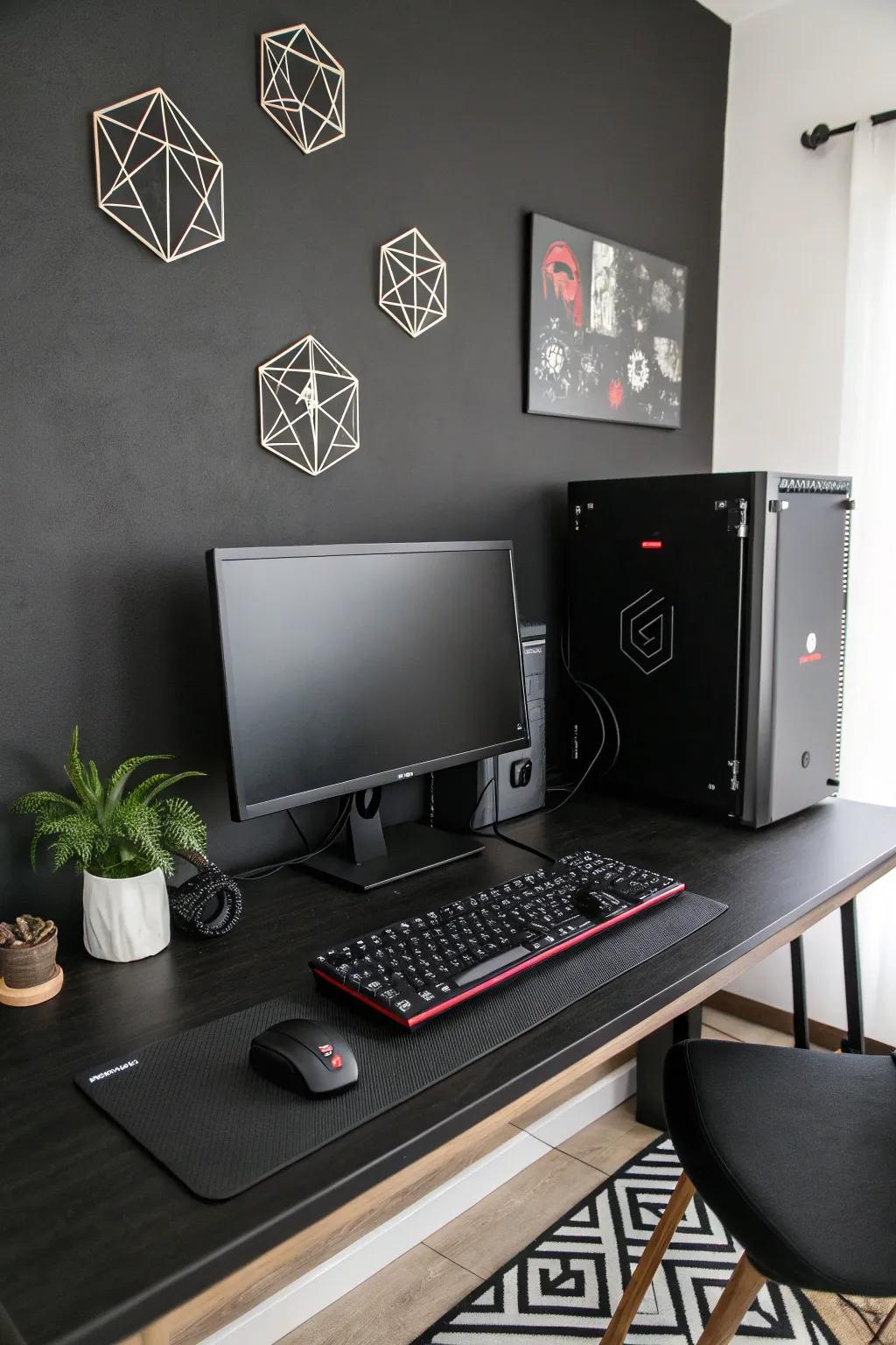 Add personality to your gaming setup with minimalist black-themed wall art.