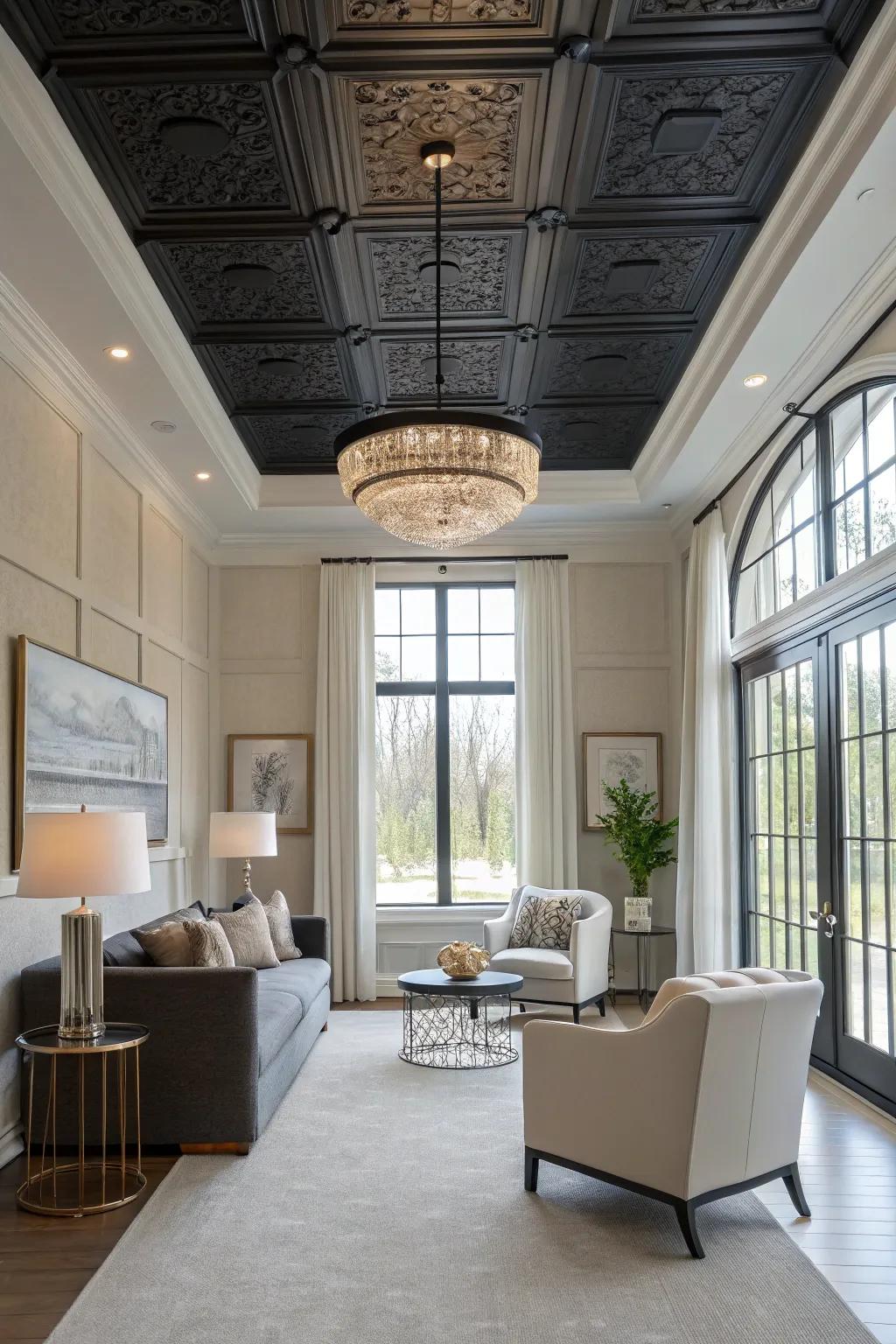 A room with a unique black ceiling that adds depth and intrigue.