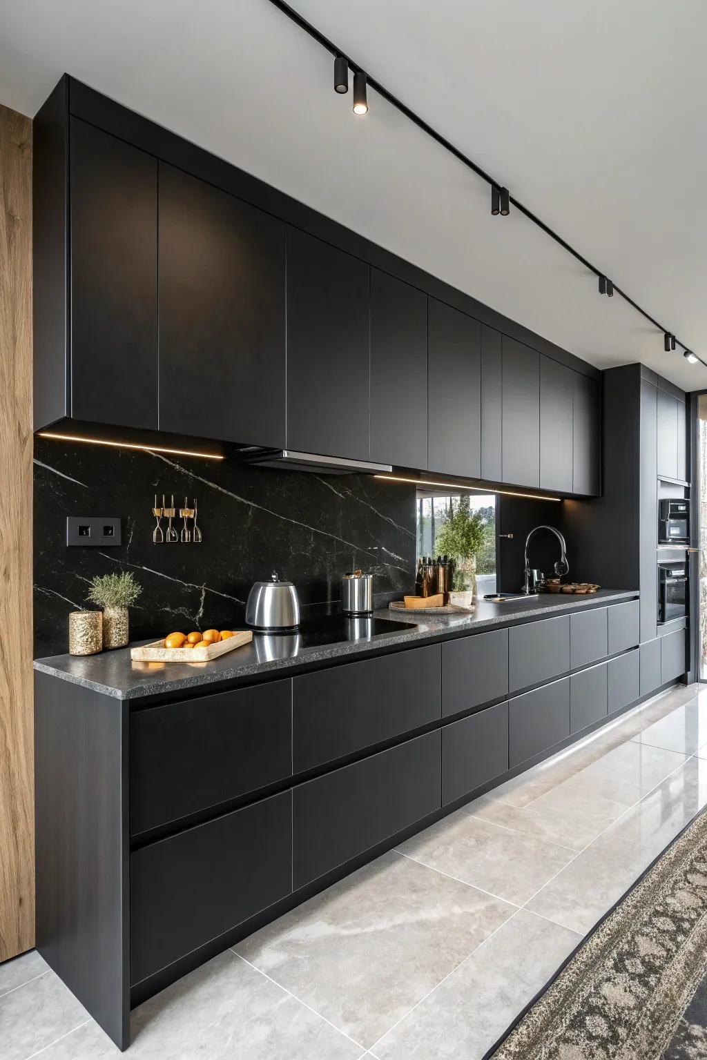 Matte black cabinets providing a sleek yet textured touch to the kitchen.