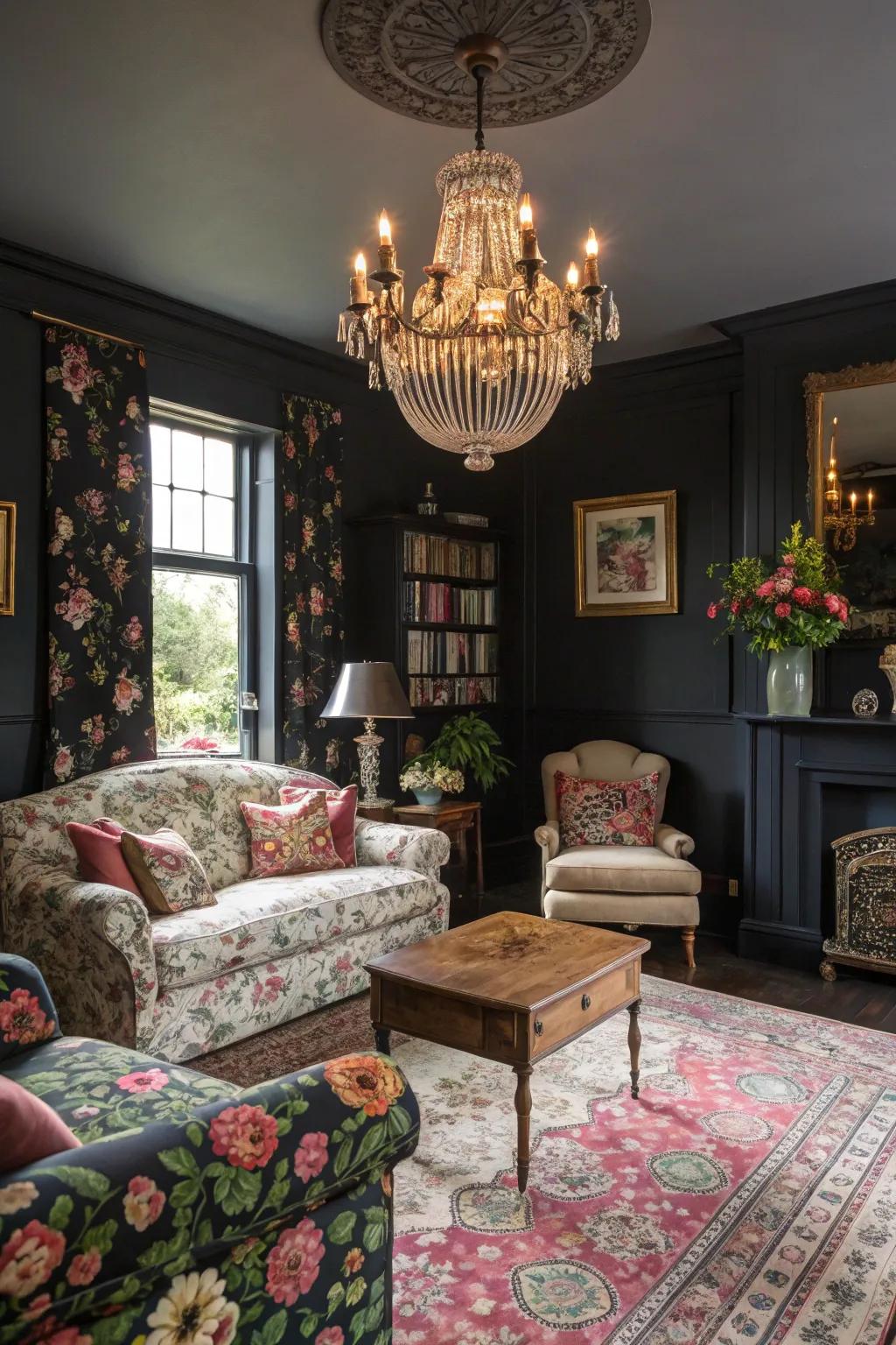 An eclectic living room that uses soft black as a versatile backdrop.