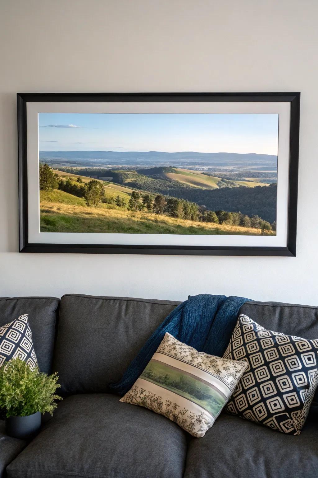 A bold panoramic landscape photo in a black frame as a focal point.