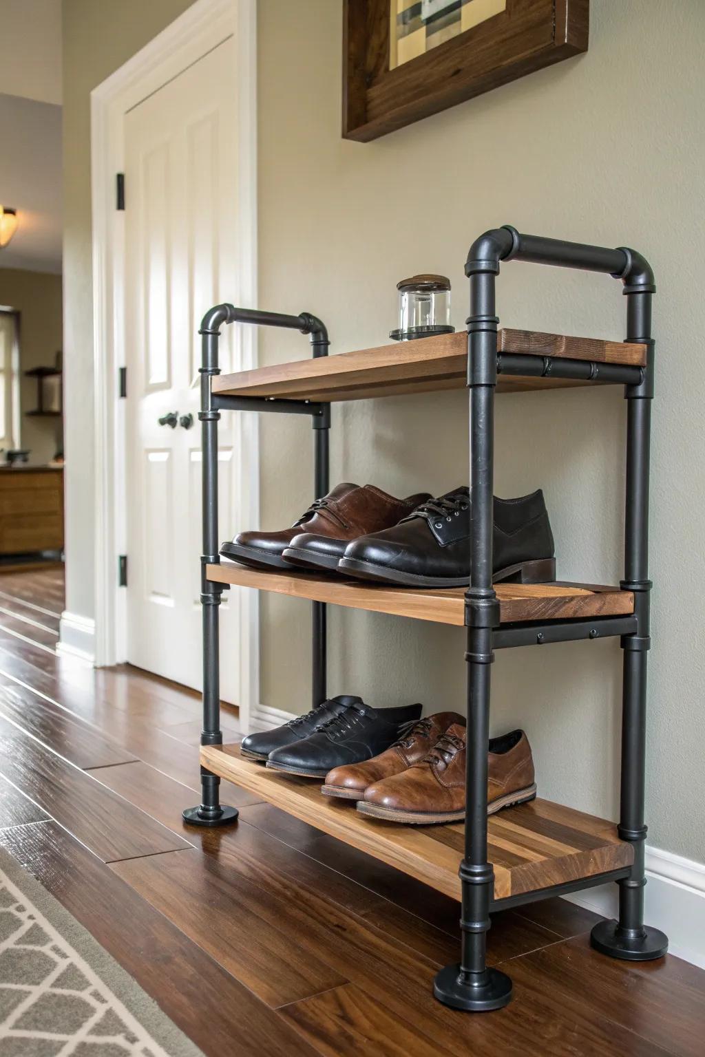 Streamline your space with this industrial-chic pipe shoe rack.