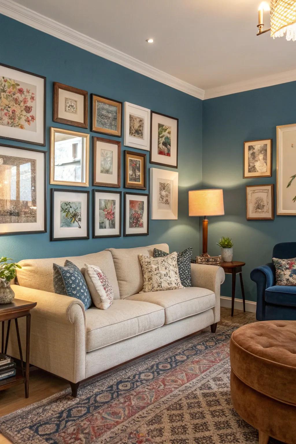 A stylish living room with a blue accent wall serving as an art gallery.