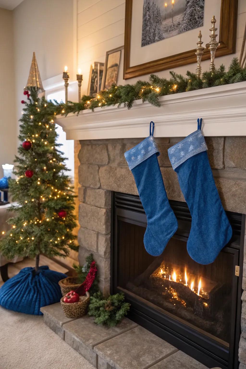 Blue stockings add a festive touch to the fireplace, enhancing your holiday decor.