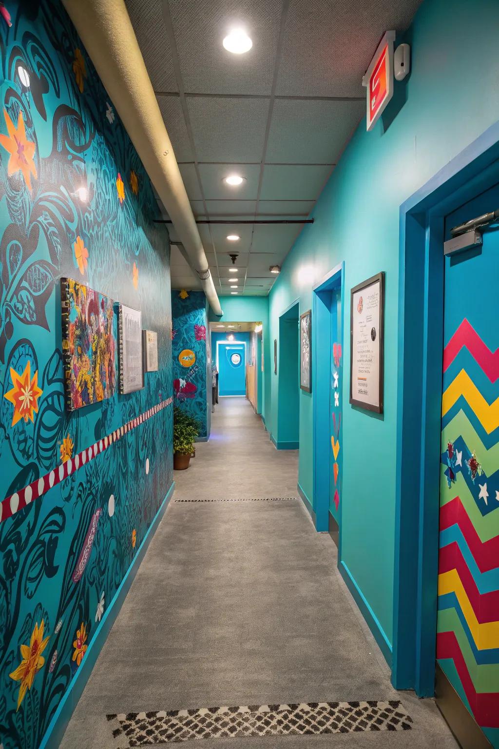 Teal blue walls bring vibrant energy to any hallway.