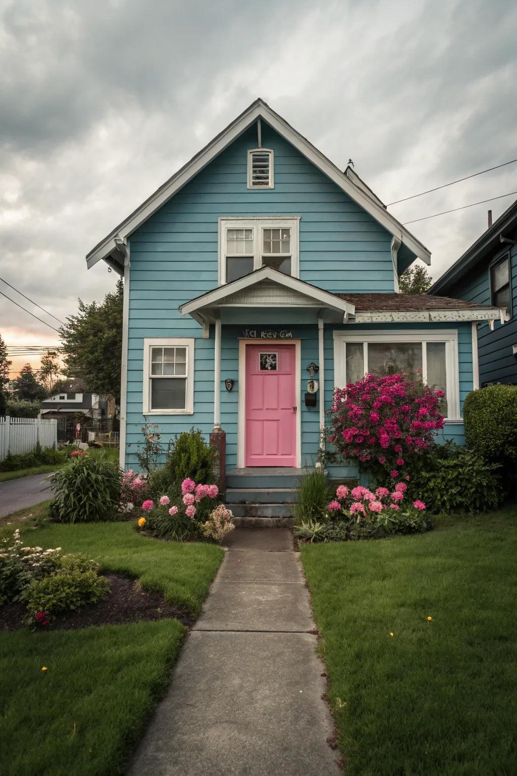 Pink doors add a whimsical charm to blue houses.