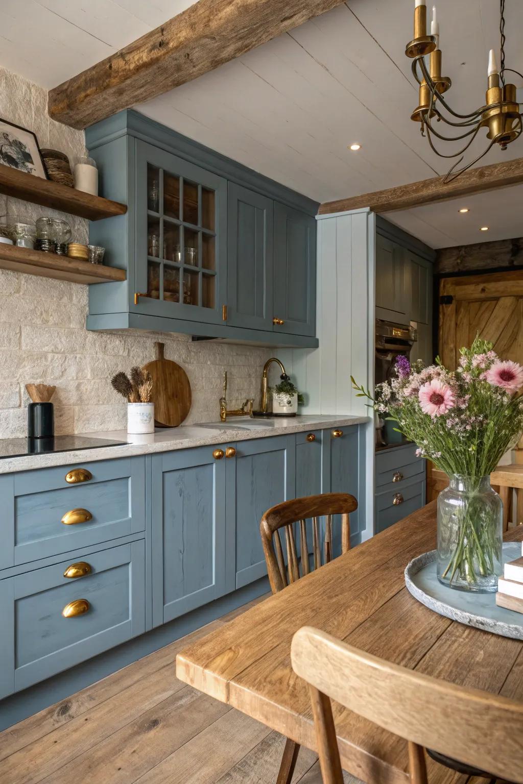 Rustic wood elements with blue cabinets and gold hardware create a cozy yet contemporary kitchen.