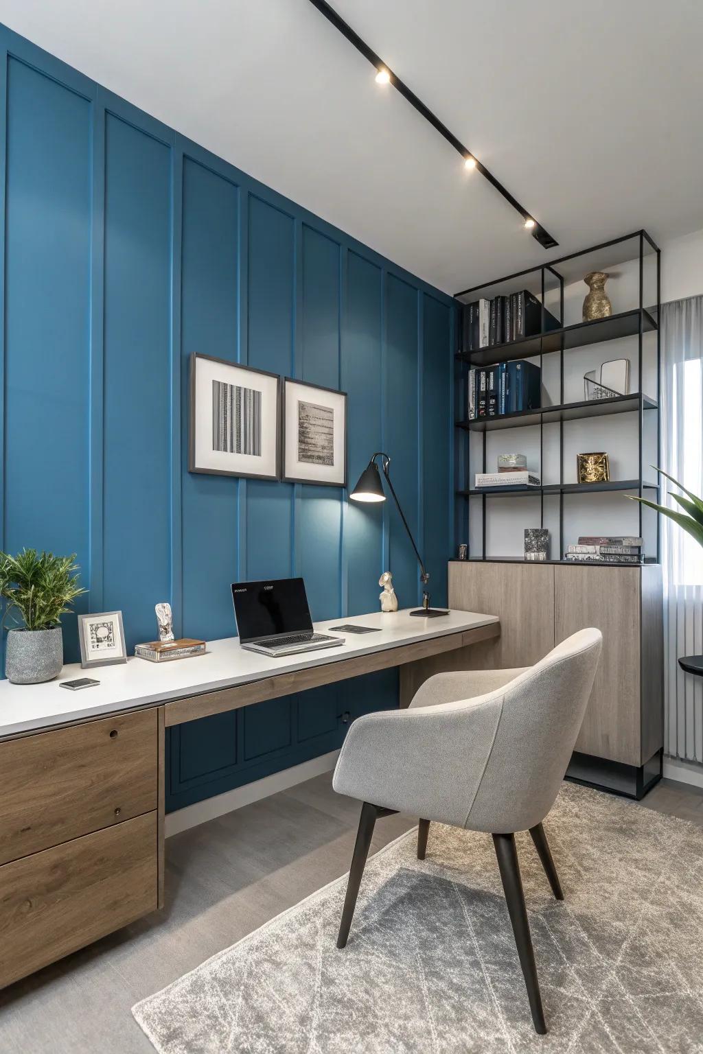 A blue feature wall brings character and focus.