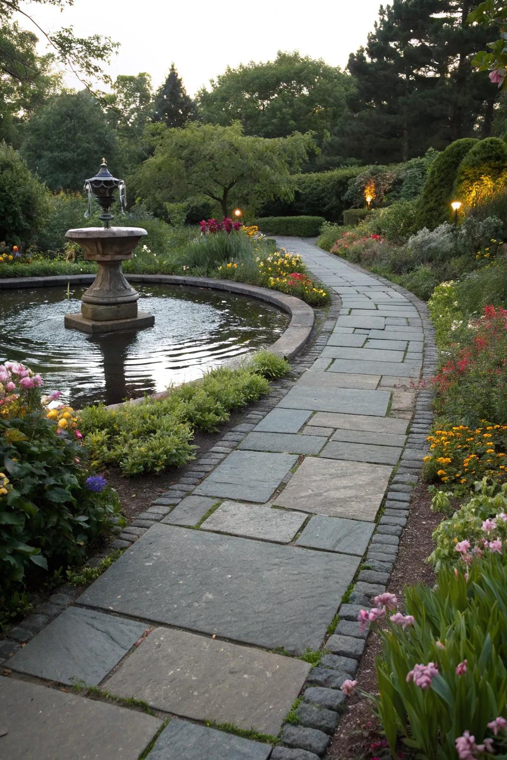 Bluestone walkways paired with water features offer a peaceful escape.