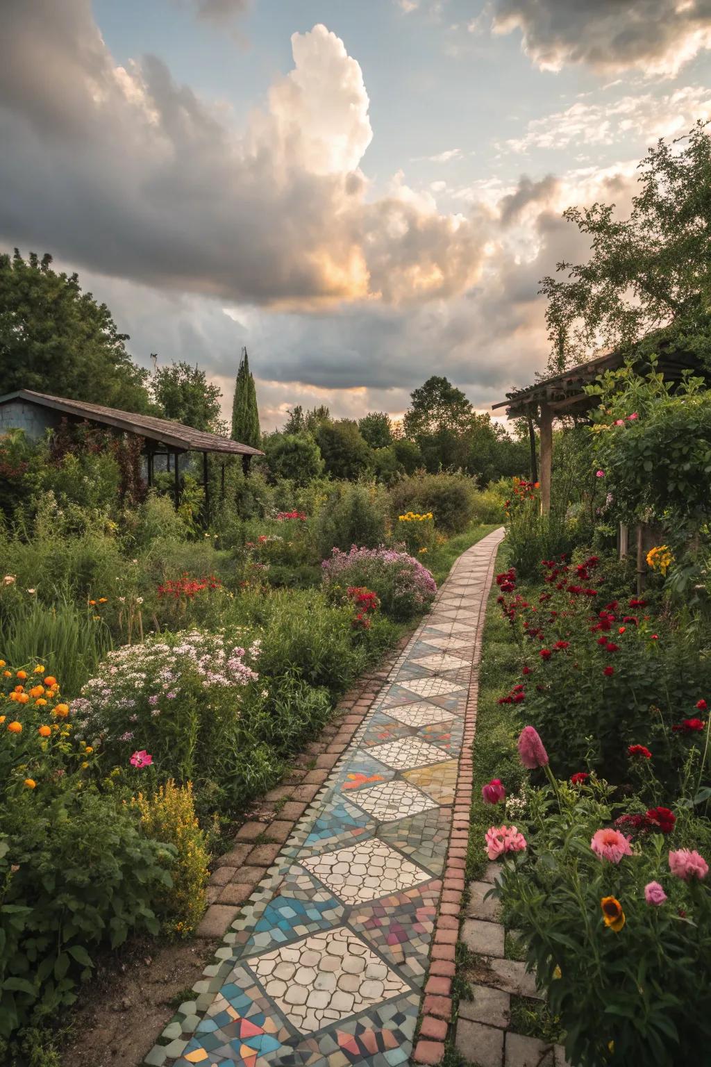 A pathway of art: mosaic tiles in a bohemian garden.