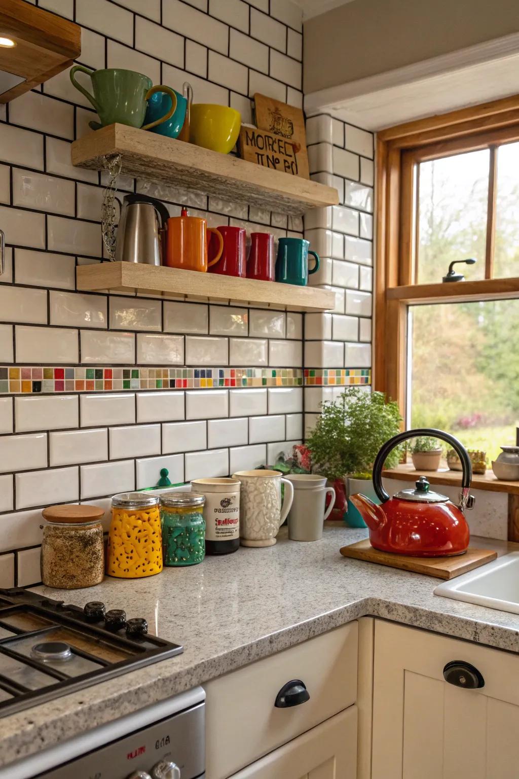 Subway tiles with colored grout add a playful twist to this kitchen.