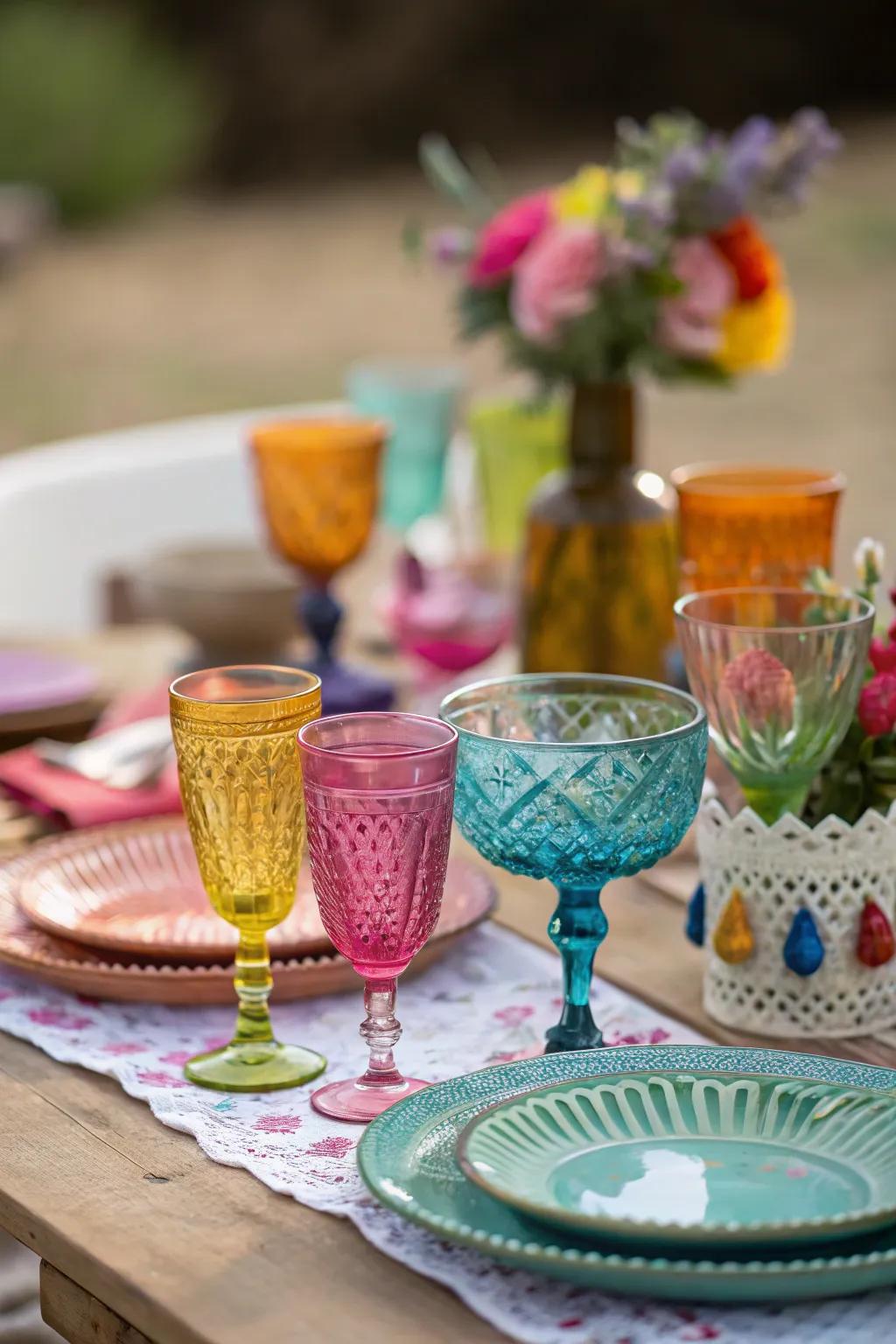 Mixed glassware adds a whimsical touch to your table.