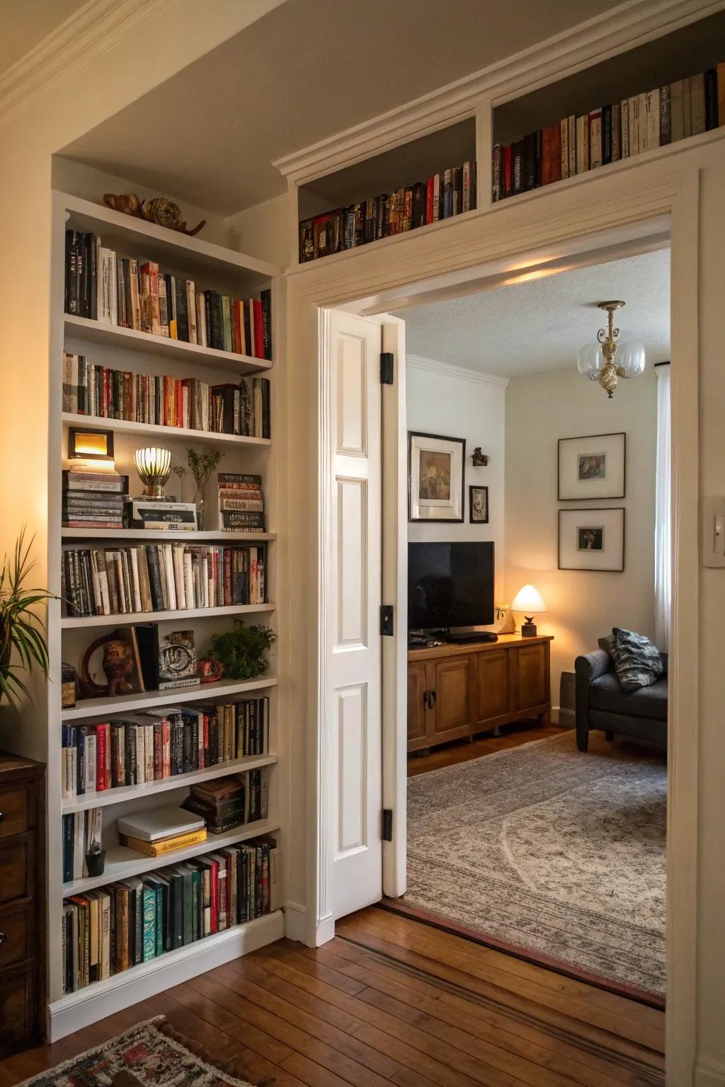 Doorframe bookshelves add charm and storage.