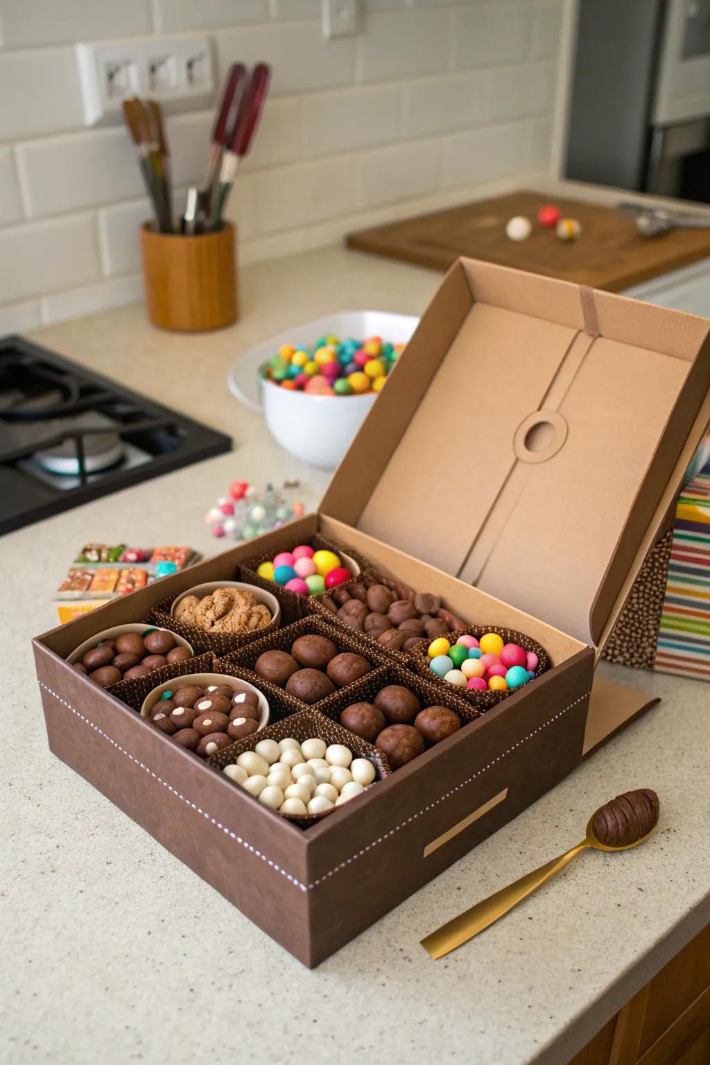 An explosion box with sweet treats inside.