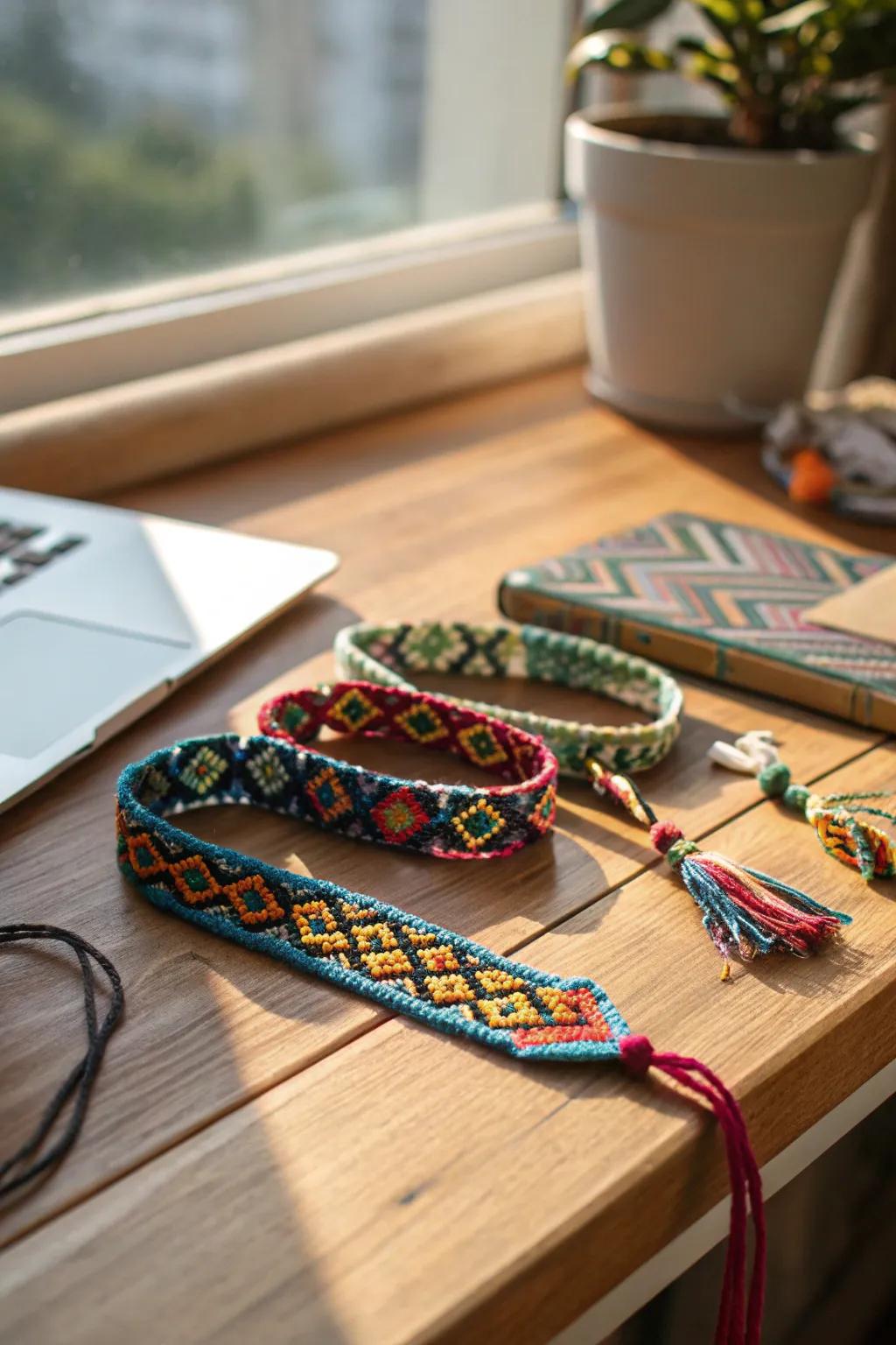 Intricate friendship bracelets symbolizing special bonds.