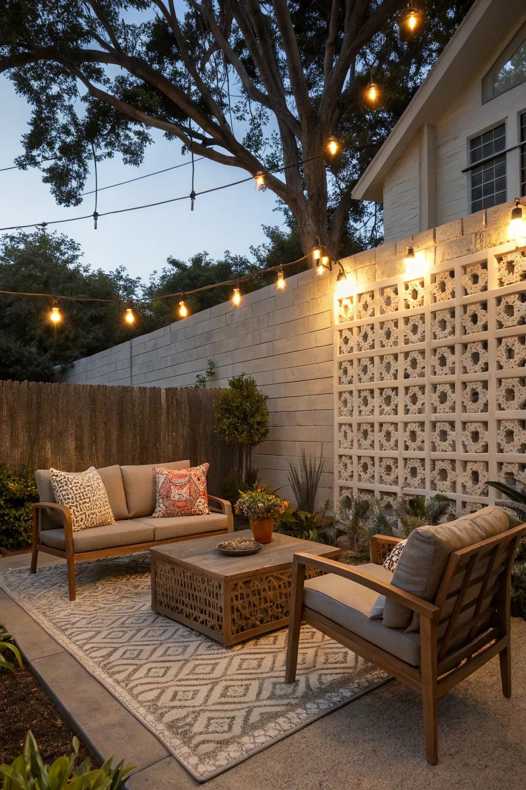 A cozy patio framed by a charming breeze block wall.