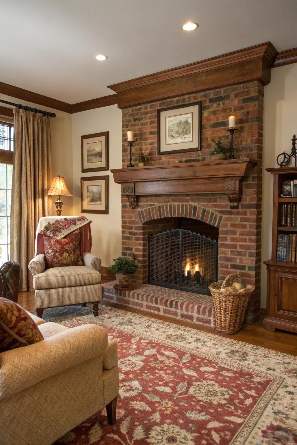 A cozy focal point with a brick fireplace surround.