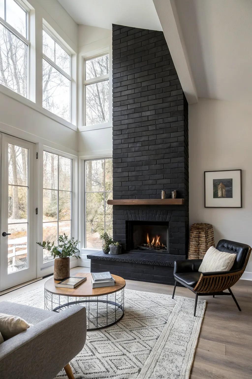 Bold and striking black brick fireplace.