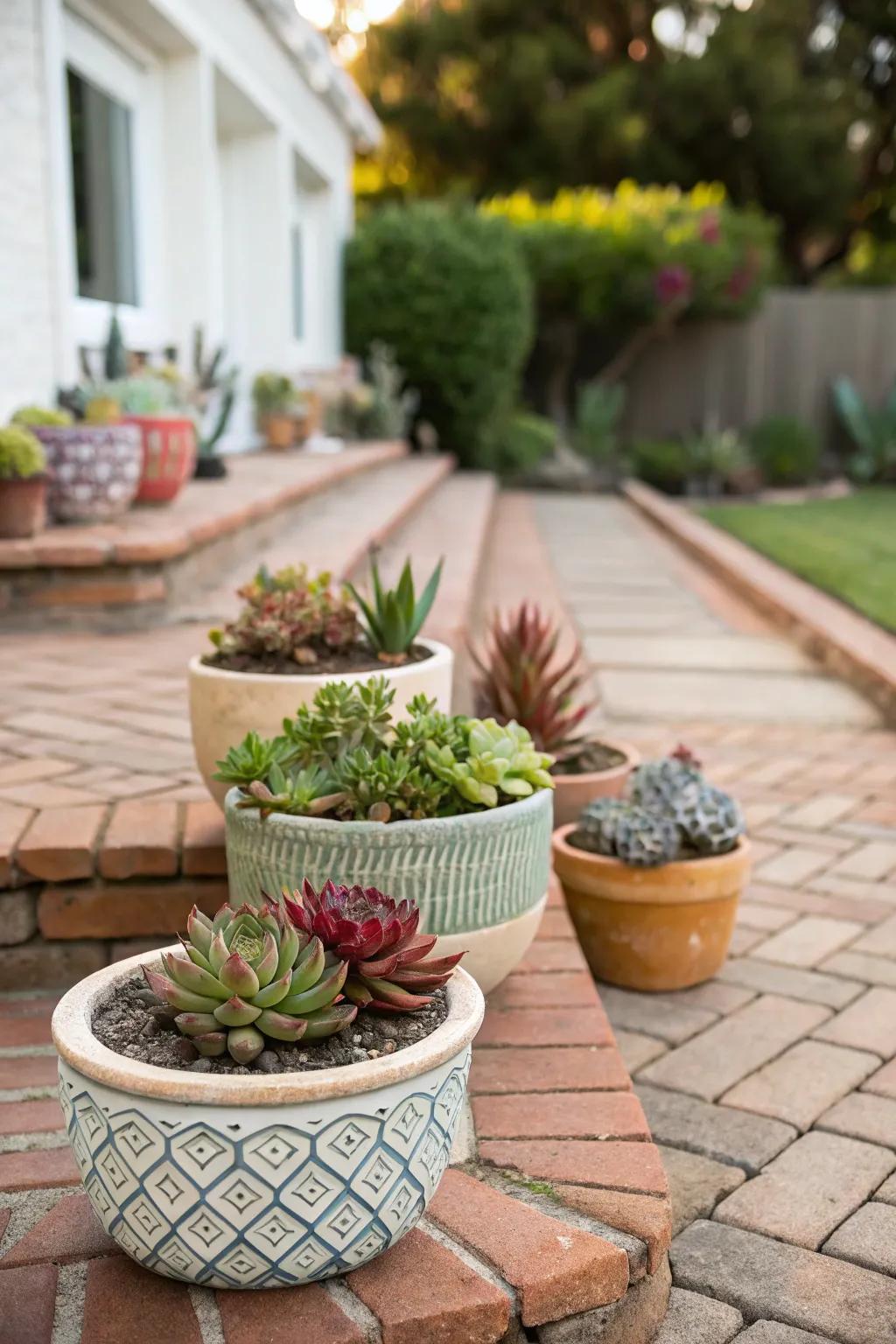 Pair rustic brick with succulent plants for a charming patio design.