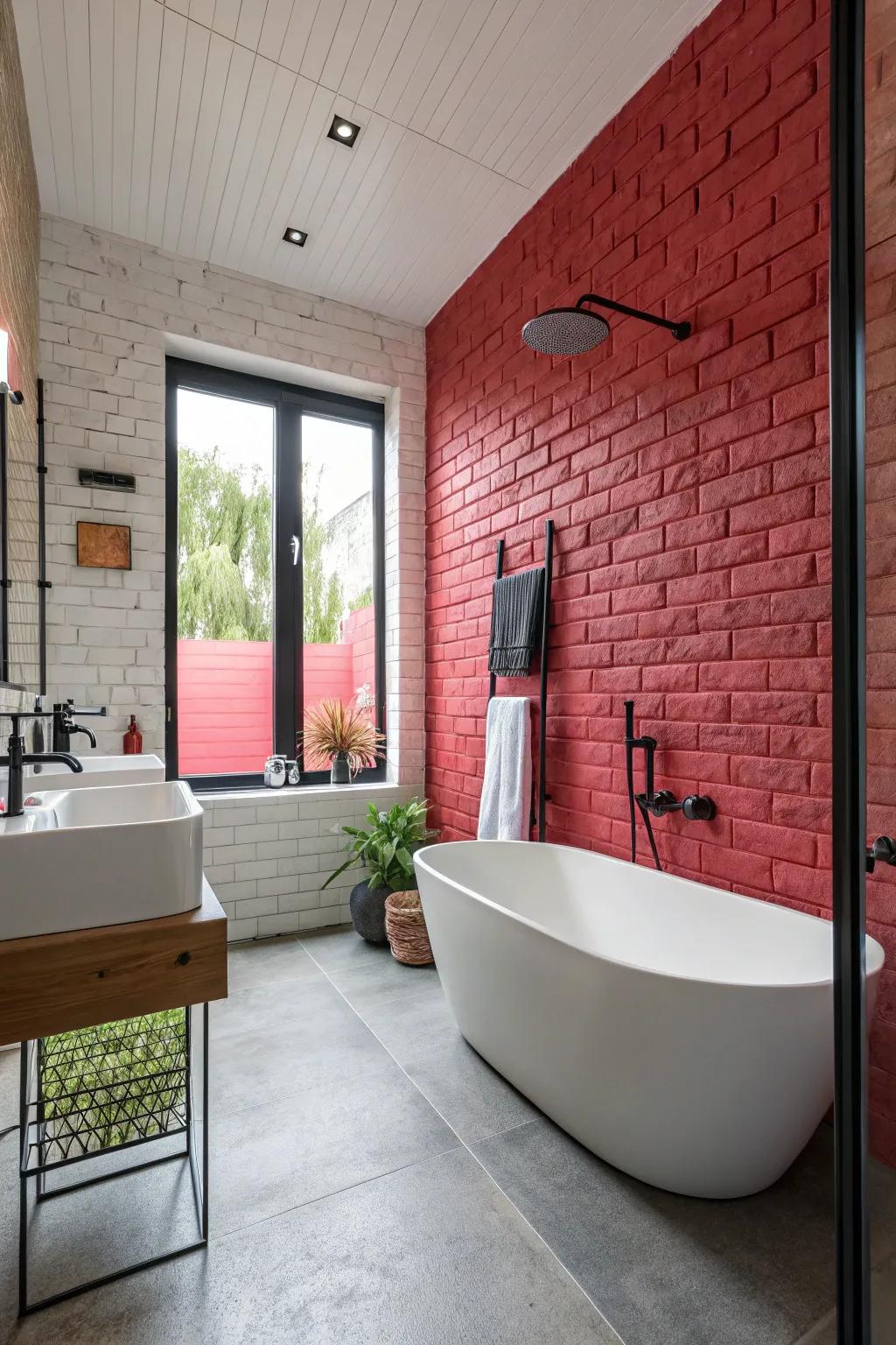 Painted brick walls provide a contemporary and polished bathroom look.