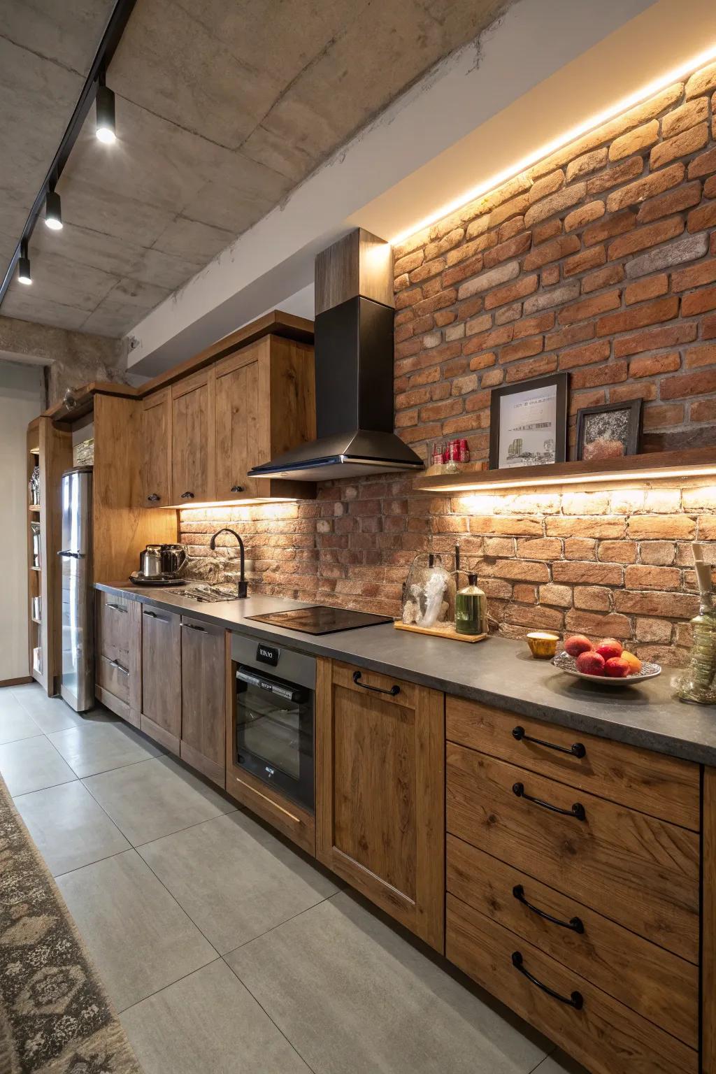 A brick backsplash adds warmth and texture to this charming kitchen.