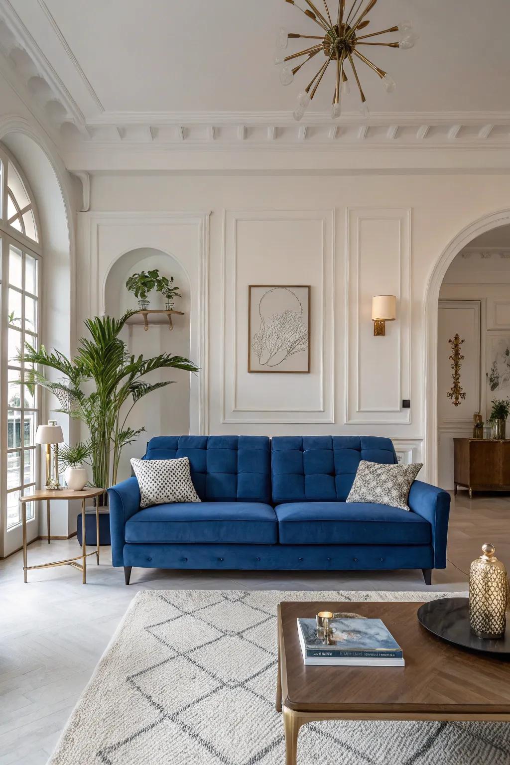 A bold blue sofa anchors the room with elegance.